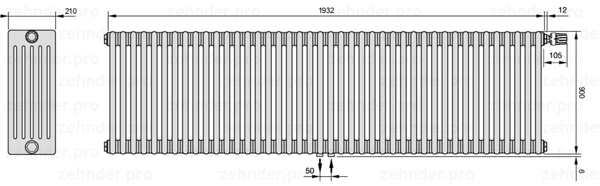 Схема (чертеж) Радиатор Zehnder Charleston 6090/42 №V008 Белый глянцевый RAL 9016